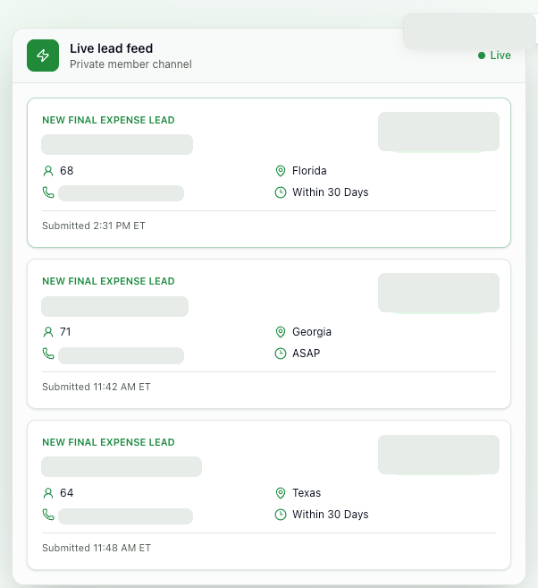 Redacted Inbounnd Marketplace lead feed showing state, age, coverage timeline, phone field, and submission time